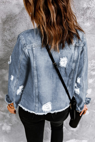 Sky Blue Lapel Collar Distressed Denim Jacket, Raw Hem 4