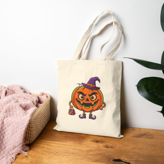 Jack-o'-Lantern Witch Pumpkin Tote Bag | Halloween Trick or Treat Canvas Tote 18
