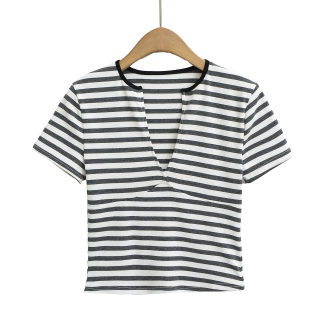 Sexy Deep V-Neck Striped T-Shirt | Women's Short Sleeve 5