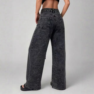 Vintage Washed Straight-Leg Cargo Jeans with Pockets and Patchwork 2