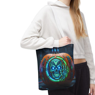 Cyber Pumpkin Skull Tote Bag | Neon Sci-Fi Halloween Tote 96