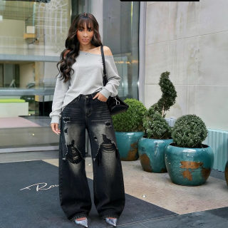 Layered Patchwork Ripped Washed Straight Leg Jeans 2
