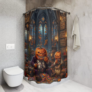 Pumpkin-Head Trick or Treaters Shower Curtain | Halloween Spooky Chapel 5