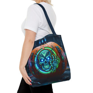 Cyber Pumpkin Skull Tote Bag | Neon Sci-Fi Halloween Tote 59