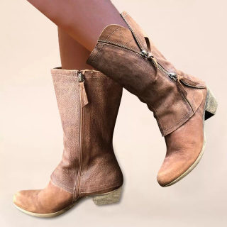 Side Zipper Chunky Heel Mid-Calf Boots | Women's Retro Round Toe 3