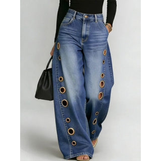 Women's Metal Eyelet Wide-Leg High-Waisted Jeans