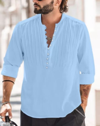 Men's Cotton-Linen Casual Shirt with Stand Collar 4