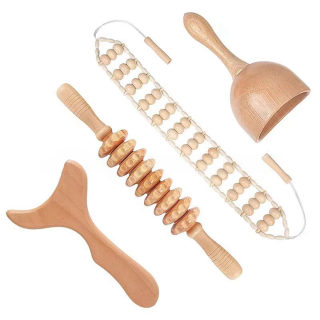 Beech Wood Massage Set — Gua Sha Cup, Roller & Muscle Stick 3