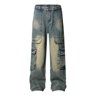 Unisex Washed Vintage Multi-Pocket Denim Work Pants 3