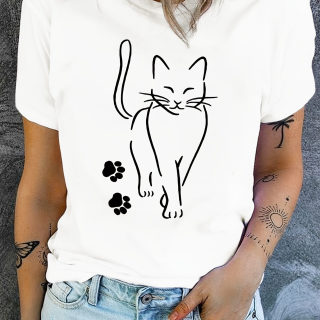 Women's Cat & Paw Print Round Neck T-Shirt | Casual 6
