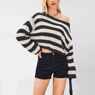 Hooded Striped Loose Short Knit Sweater