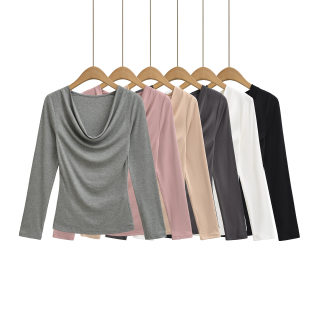 Swing Collar Pleated Slim Fit Long Sleeve Top