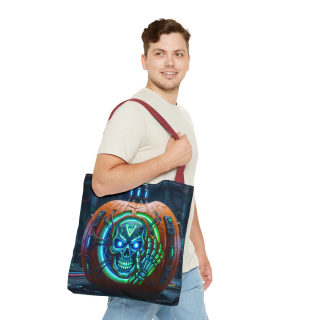 Cyber Pumpkin Skull Tote Bag | Neon Sci-Fi Halloween Tote 36