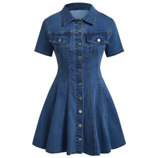 Western-Style Denim Short Sleeve Dress | Open-Front Fitted 6