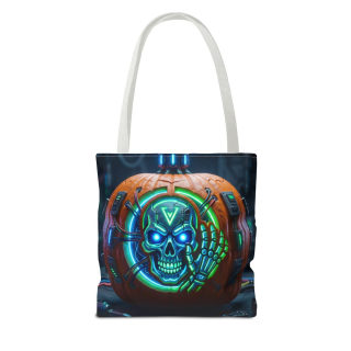 Cyber Pumpkin Skull Tote Bag | Neon Sci-Fi Halloween Tote 22
