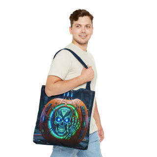 Cyber Pumpkin Skull Tote Bag | Neon Sci-Fi Halloween Tote 45