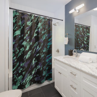Abstract Teal Black Camo Shower Curtain | Modern Watercolor Bathroom Decor