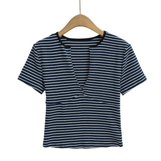 Sexy Deep V-Neck Striped T-Shirt | Women's Short Sleeve 2