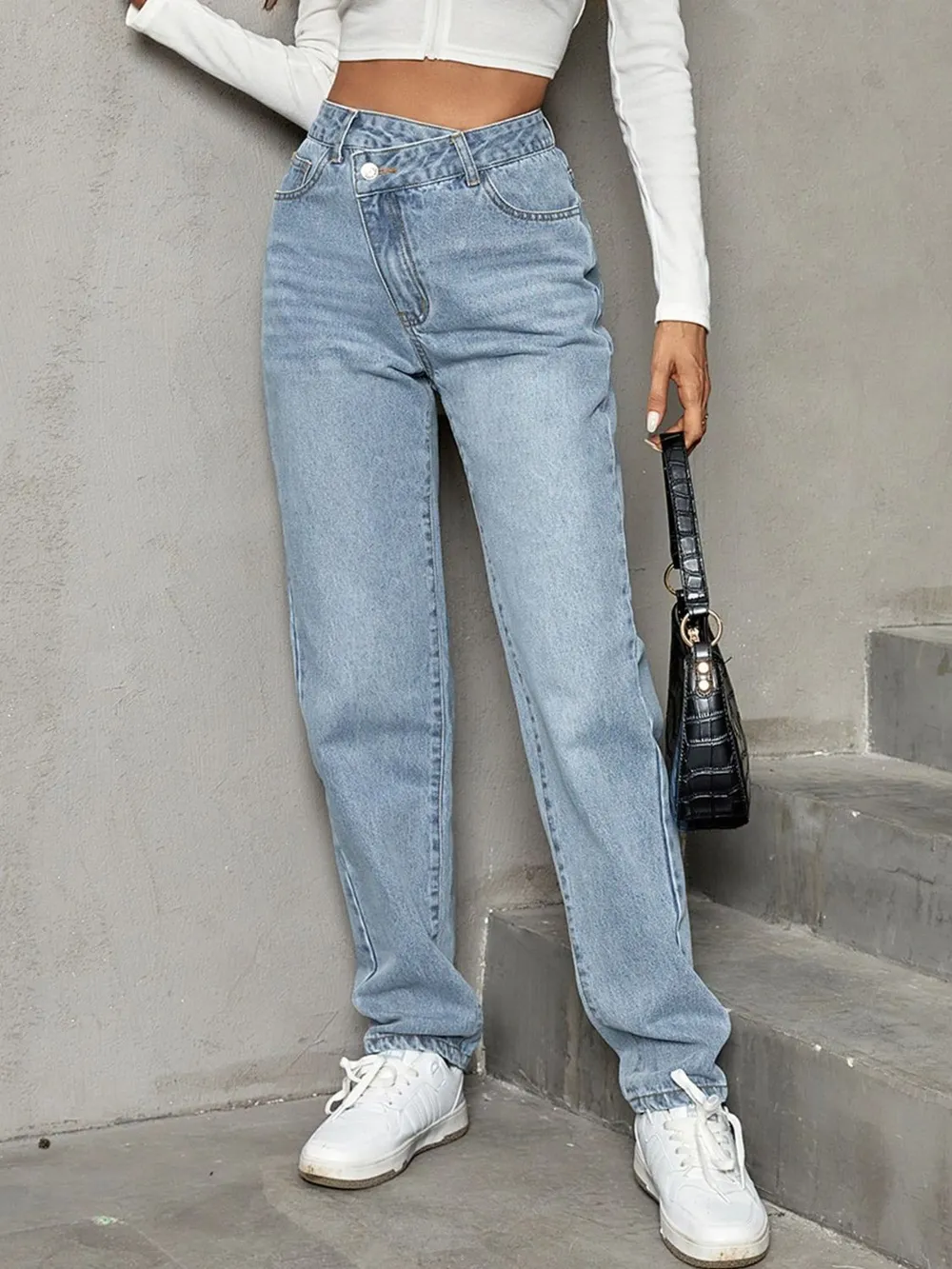 Asymmetrical-Waist Straight-Leg Jeans