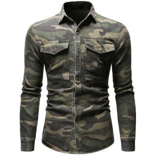 Camouflage Denim Shirt for Men | Army Green Long Sleeve Loose Jean Shirt