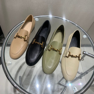 Women's Round-Toe Leather Loafers | Metal Buckle Flats