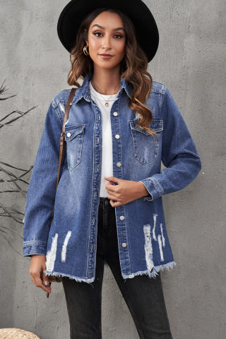 Blue Distressed Denim Jacket with Front Pockets 3