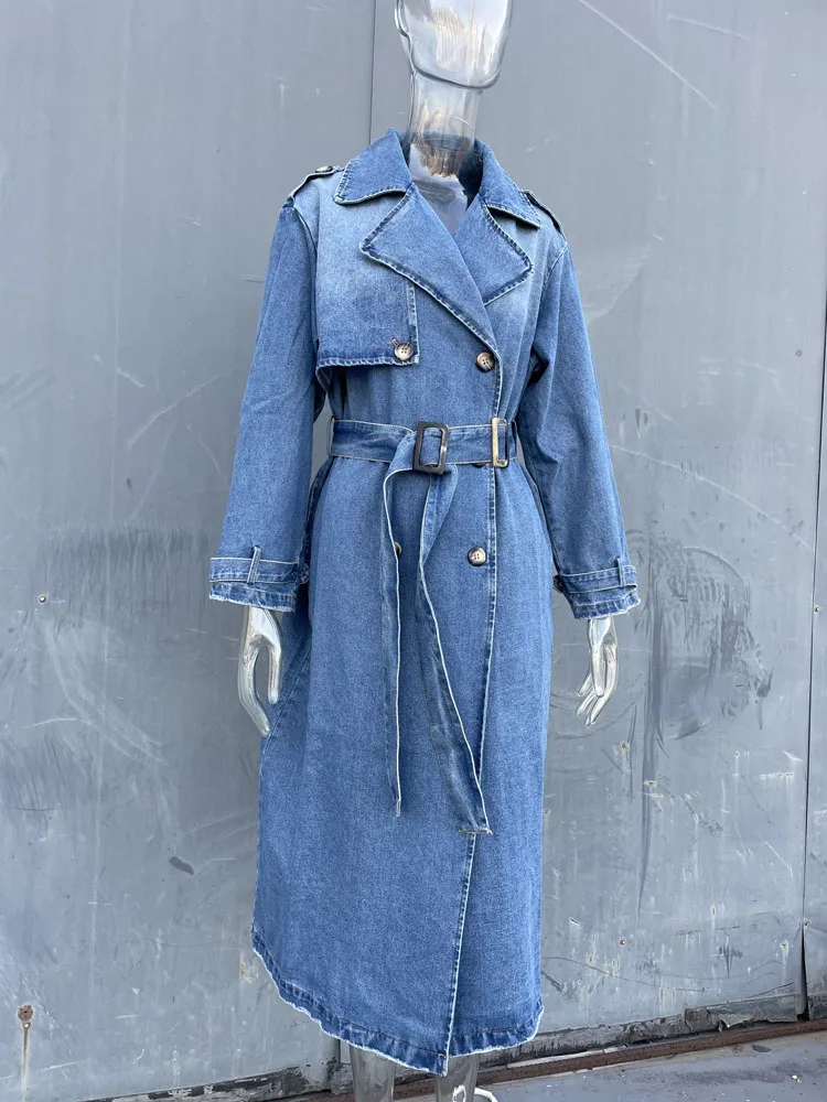 Long Denim Trench Coat for Women | Belted Waist Slim Jean Jacket 4