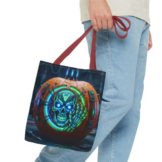 Cyber Pumpkin Skull Tote Bag | Neon Sci-Fi Halloween Tote 34