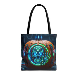 Cyber Pumpkin Skull Tote Bag | Neon Sci-Fi Halloween Tote 2