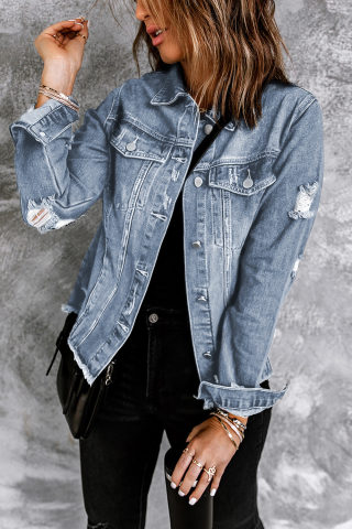 Sky Blue Lapel Collar Distressed Denim Jacket, Raw Hem 6