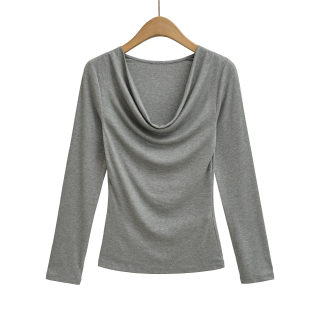 Swing Collar Pleated Slim Fit Long Sleeve Top 3
