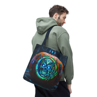 Cyber Pumpkin Skull Tote Bag | Neon Sci-Fi Halloween Tote 89