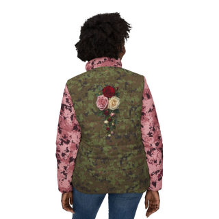 Green & Pink Camo Puffer Jacket with Rose Bouquet Print 4