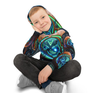 Neon Cyberpunk Pumpkin Skull Kids Hoodie 10