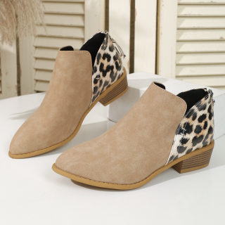 Women's Leopard Print Pointed-Toe Boots with Thick Heel and Back Zipper 6