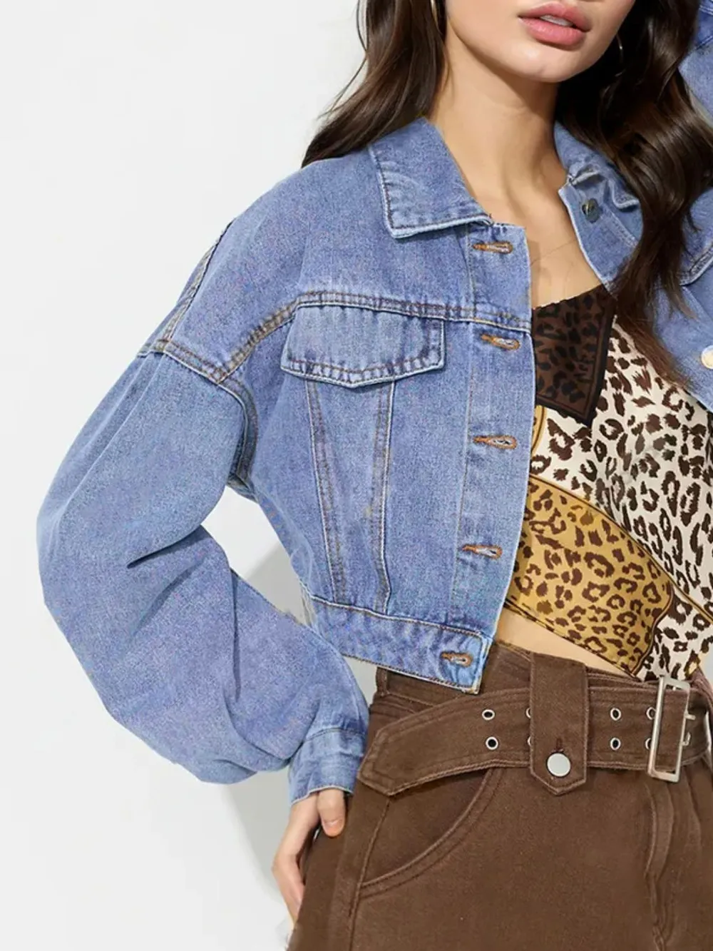 Collared Dropped Shoulder Cropped Denim Top 5