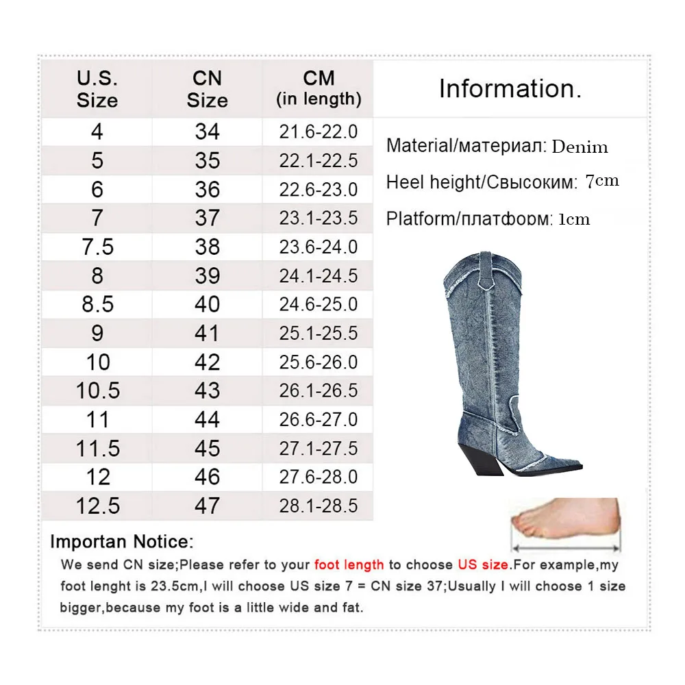 Side-Zip Denim Knee-High Boots for Women | Pointed Toe Western Style 6