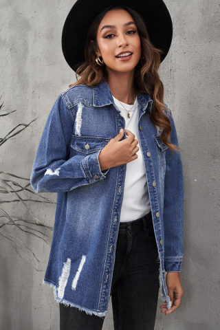 Blue Distressed Denim Jacket with Front Pockets 5