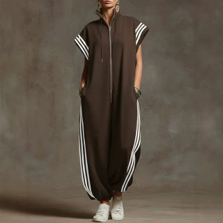 Striped Zipper Stand Collar Jumpsuit | Spring Summer Overalls