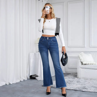 Women's High-Waisted Skinny Flared Jeans | Embroidery & Frayed Hem 3
