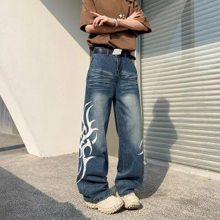 Printed Wide Leg Gradient Denim Floor Pants | Loose Straight Leg 4