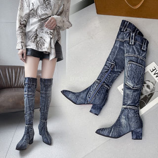 Sexy Denim Knee-High Boots | Women's Cowboy Style Zipper Boots 4