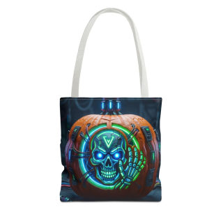Cyber Pumpkin Skull Tote Bag | Neon Sci-Fi Halloween Tote 7