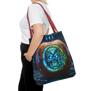 Cyber Pumpkin Skull Tote Bag | Neon Sci-Fi Halloween Tote 51