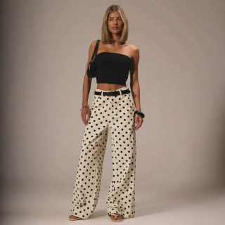 Polka Dot Loose Fit Mid-Waist Denim Pants 4
