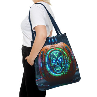 Cyber Pumpkin Skull Tote Bag | Neon Sci-Fi Halloween Tote 60