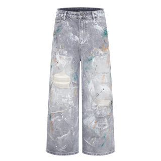 Loose Straight-Leg Washed Denim Pants | Men's Graffiti Ripped