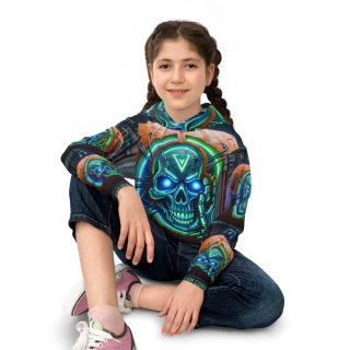 Neon Cyberpunk Pumpkin Skull Kids Hoodie