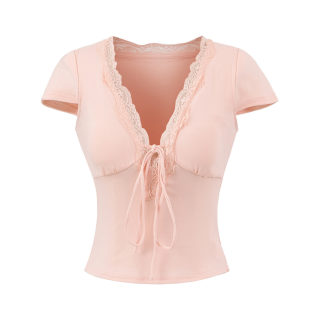 Lace V-Neck Short Sleeve Top with Padded Cups 4
