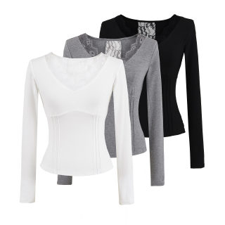 Lace Hollow Splicing V-Neck Long Sleeve T-Shirt